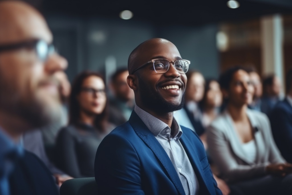 Profissional qualificado, sorridente, em curso para corretor de imóveis